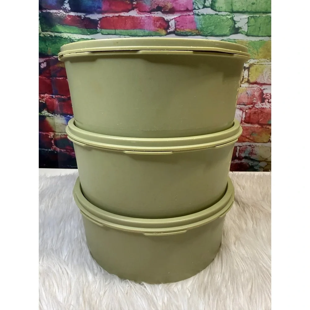 Vintage Tupperware Servalier Set of 3 Avocado Green White Starburst Canisters